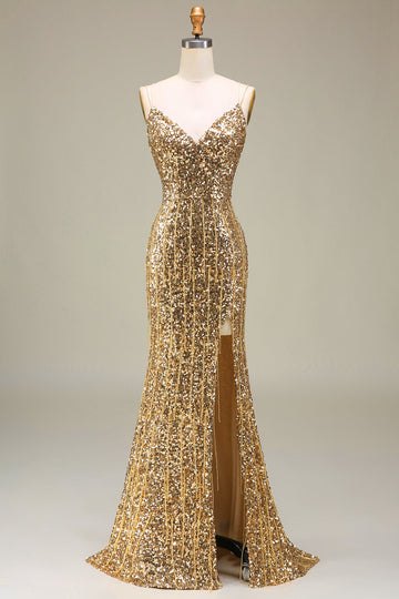 Sparkly Mermaid Golden Long Prom Dress med Slit
